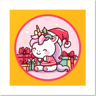 Cute Christmas Unicorn with Holly Posters and Art